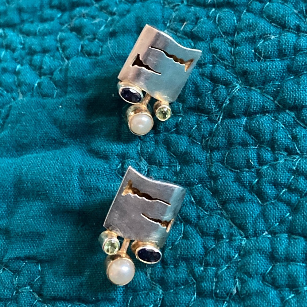 Matte Silver 925 Earrings Gold Inlays Peridot Amethyst Pearl Accents